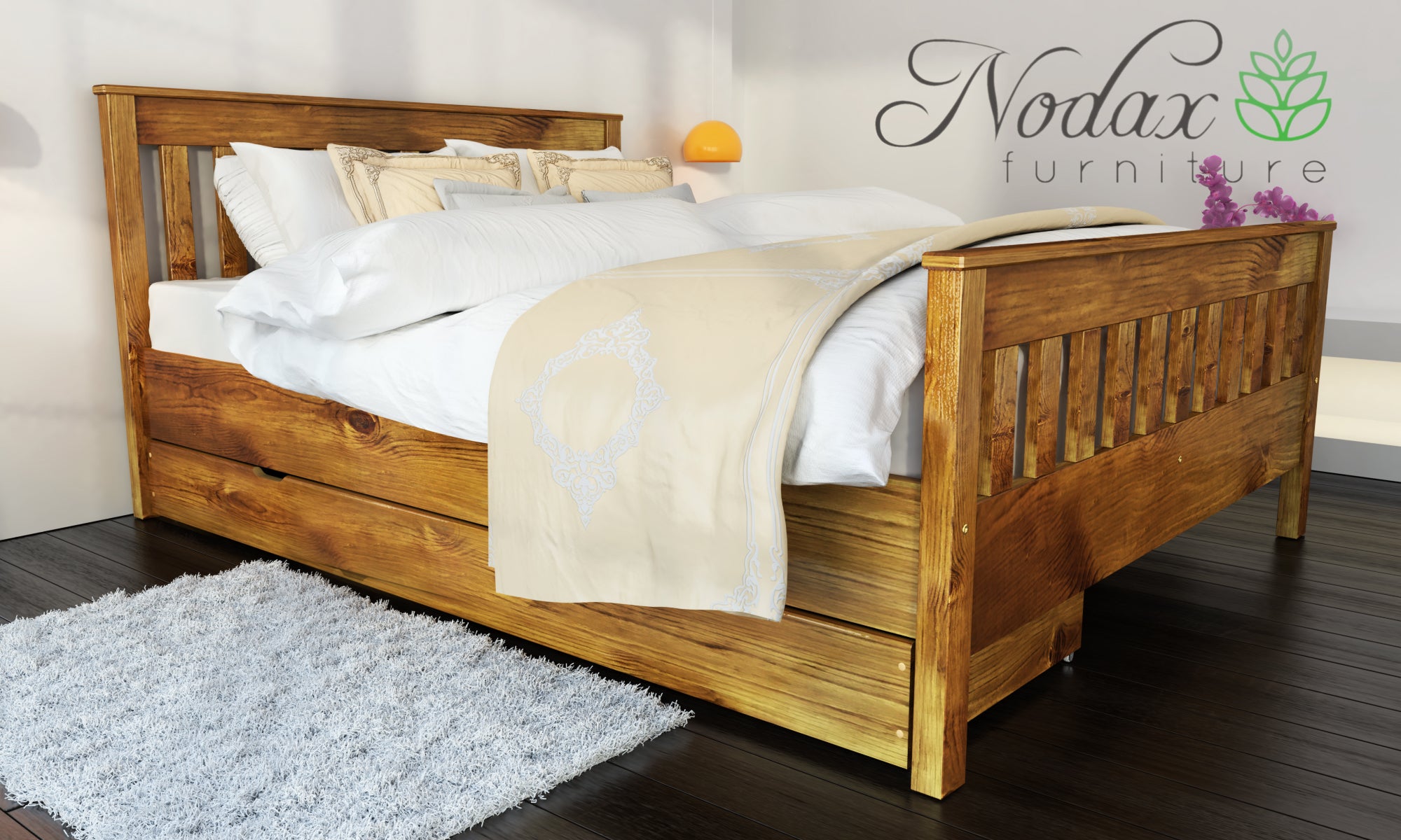 Nodax F16 Hercules wooden bed frame ,slatted headboard and footboard, study and durable bed, regal elegance design, oak finish, under bed storage