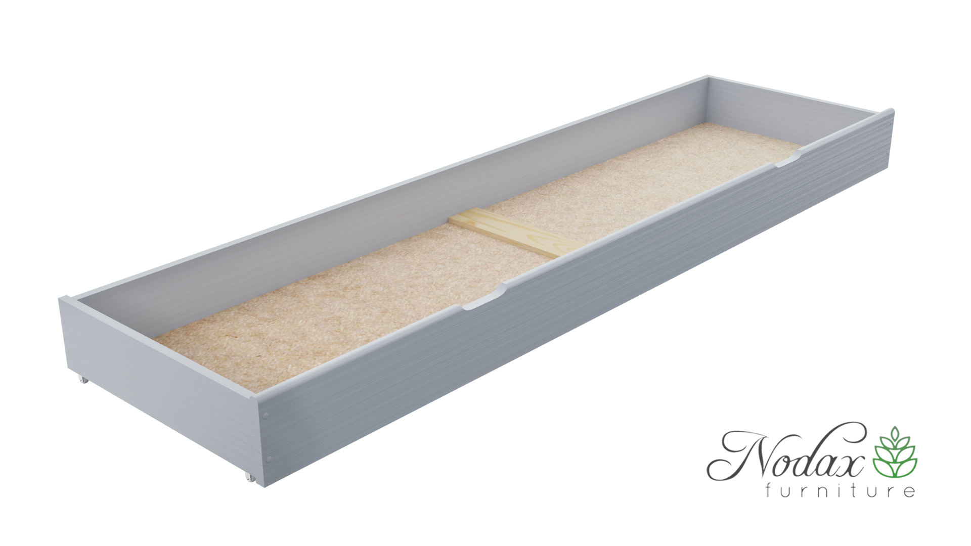 Nodax wooden underbed drawer, full bed length, grey finish, hand grooves for easy pull and push