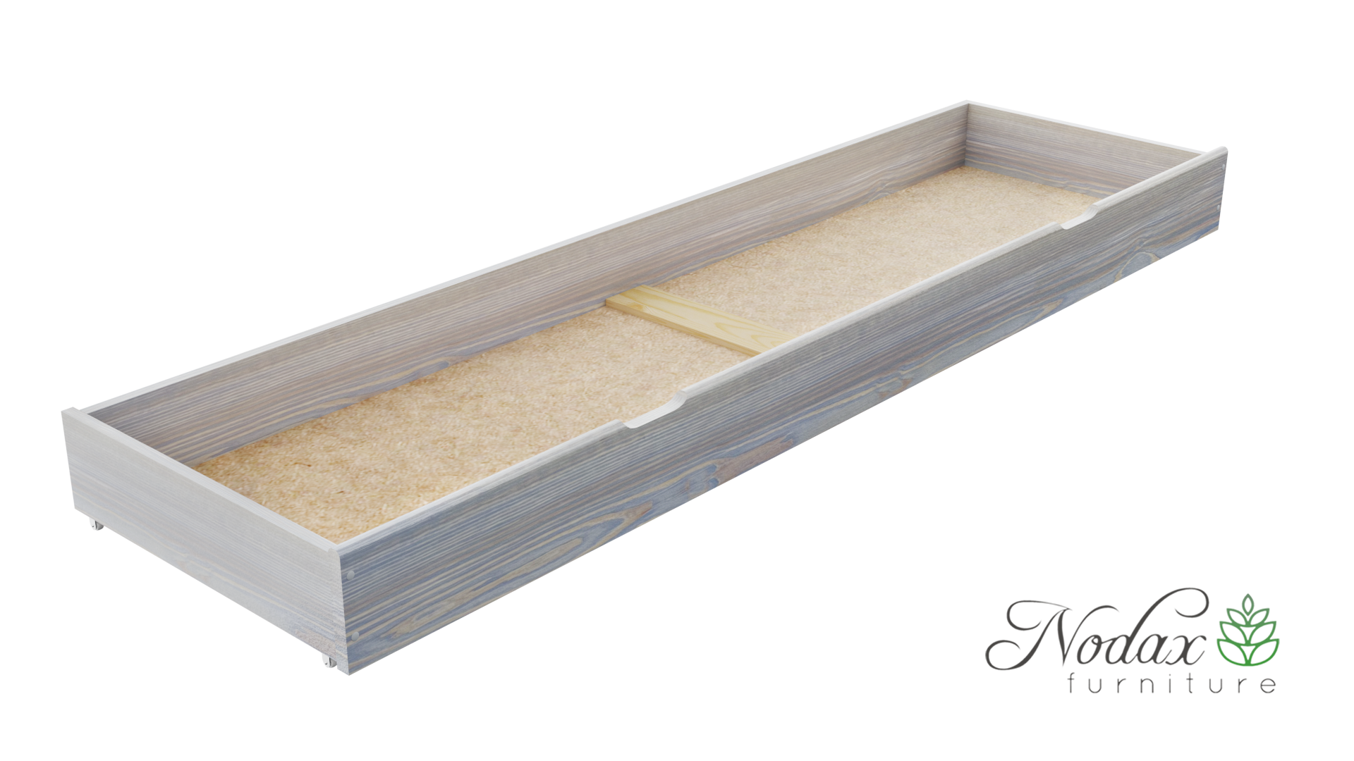 Nodax wooden underbed drawer, full bed length, grey washed finish, hand grooves for easy pull and push