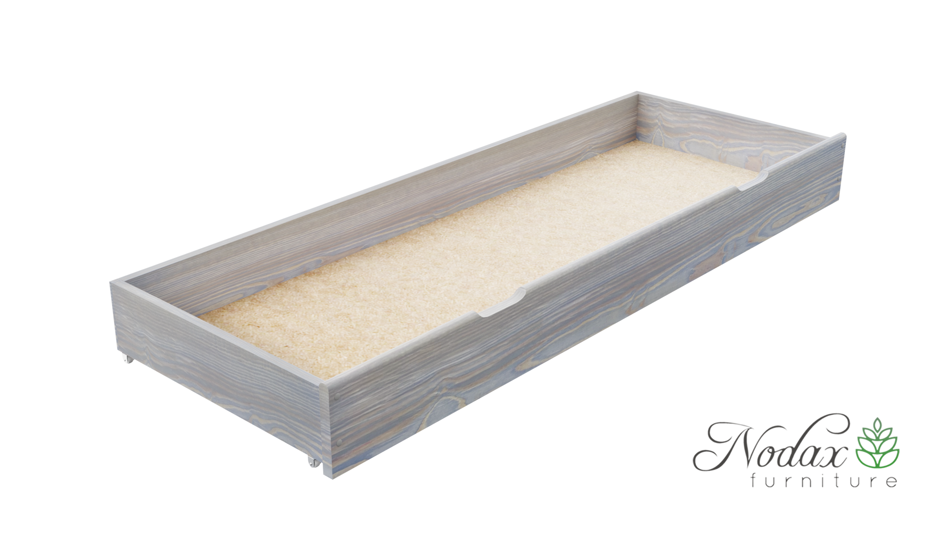 Nodax wooden underbed drawer, grey washed finish, hand grooves for easy pull and push