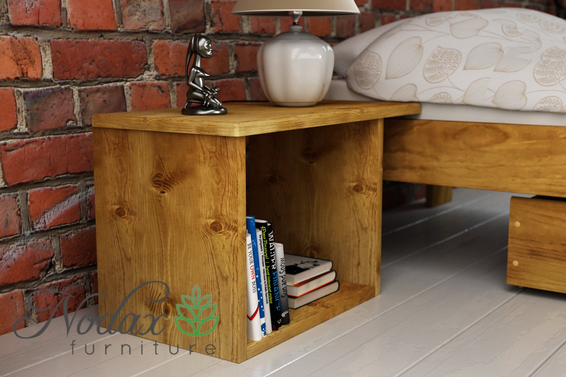 Nodax B6 bedside cabinet, 2 open shelf space,  overhanging bedside table, floating nightstand, oak finish 