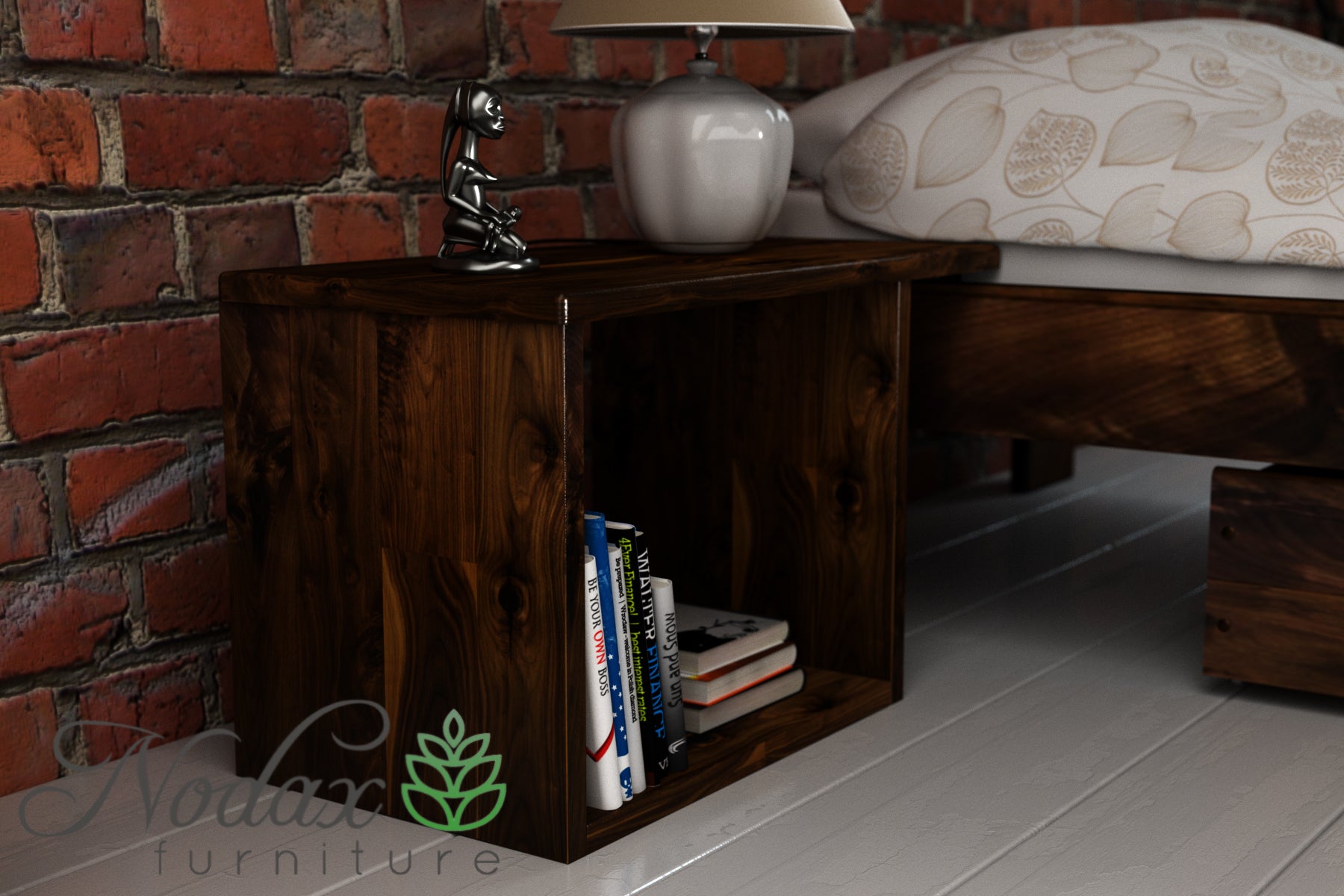 Nodax B6 bedside cabinet, 2 open shelf space,  overhanging bedside table, floating nightstand, walnut finish 