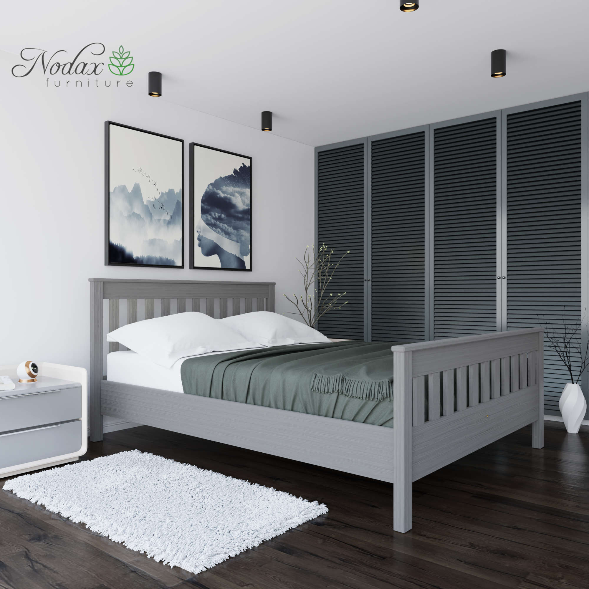 Nodax F16 Hercules wooden bed frame ,slatted headboard and footboard, study and durable bed, regal elegance design, grey finish
