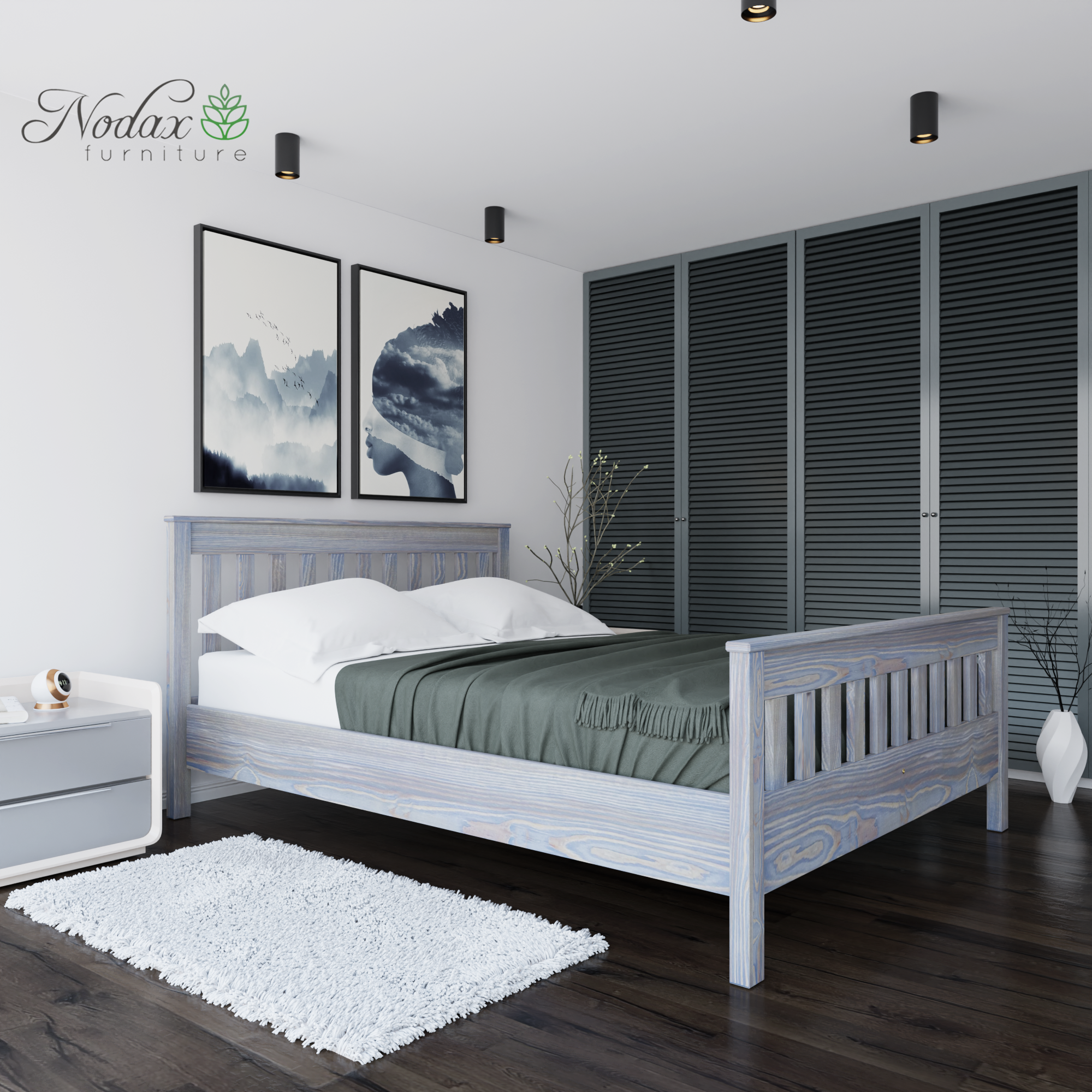 Nodax F16 Hercules wooden bed frame ,slatted headboard and footboard, study and durable bed, regal elegance design, grey washed finish