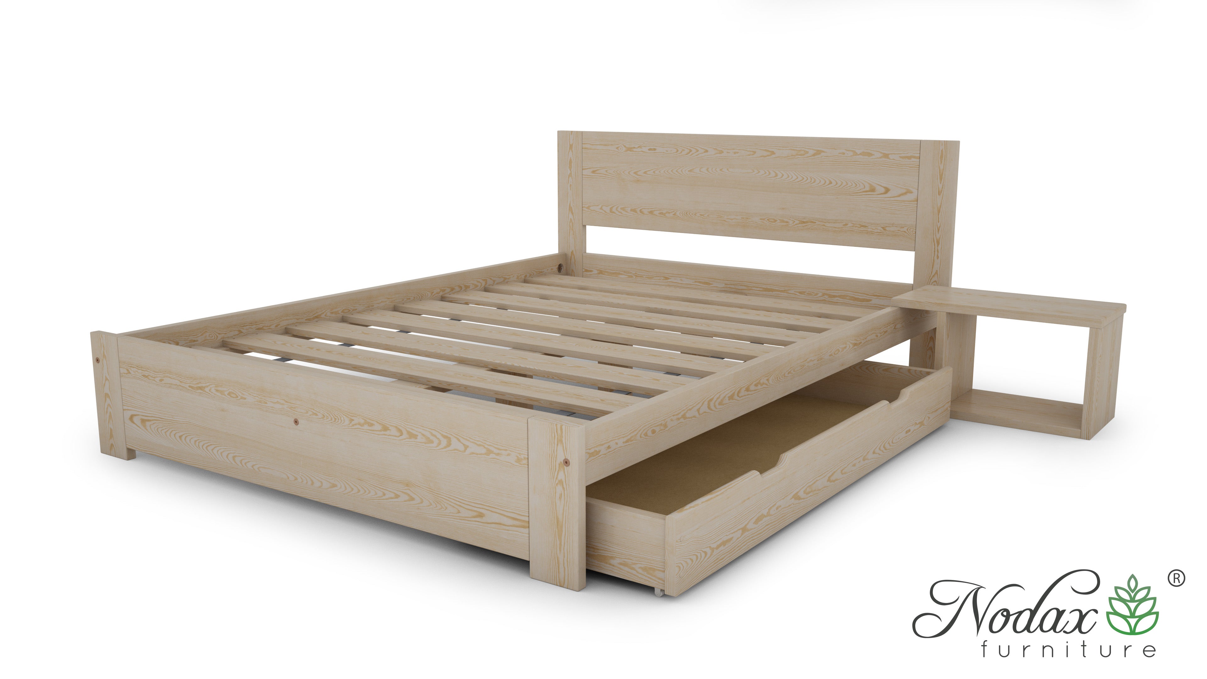 Nodax wooden bedframes, F11 Polaris, beautiful solid wood bed, pine finish, matching side table, matching wooden underbed drawers
