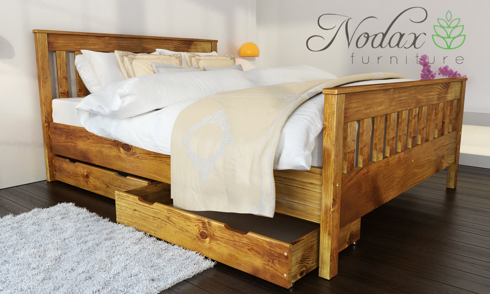 Nodax F16 Hercules wooden bed frame ,slatted headboard and footboard, study and durable bed, regal elegance design, oak finish, under bed storage