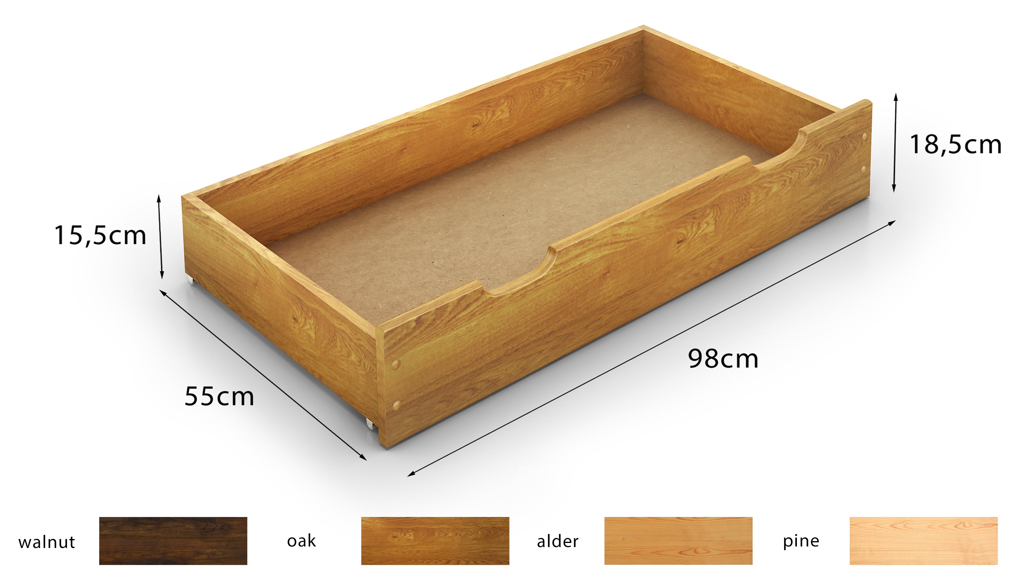 Nodax wooden underbed drawer, oak finish, 98cm long, half bed length