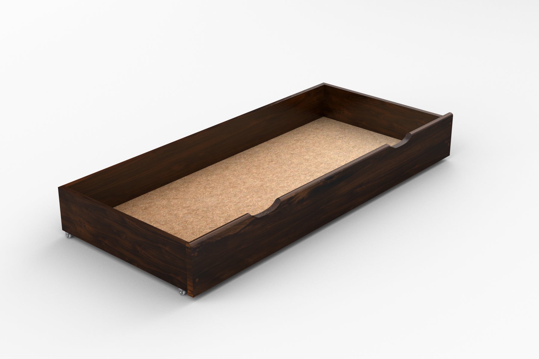 Nodax wooden underbed drawer, walnut finish, hand grooves for easy pull and push