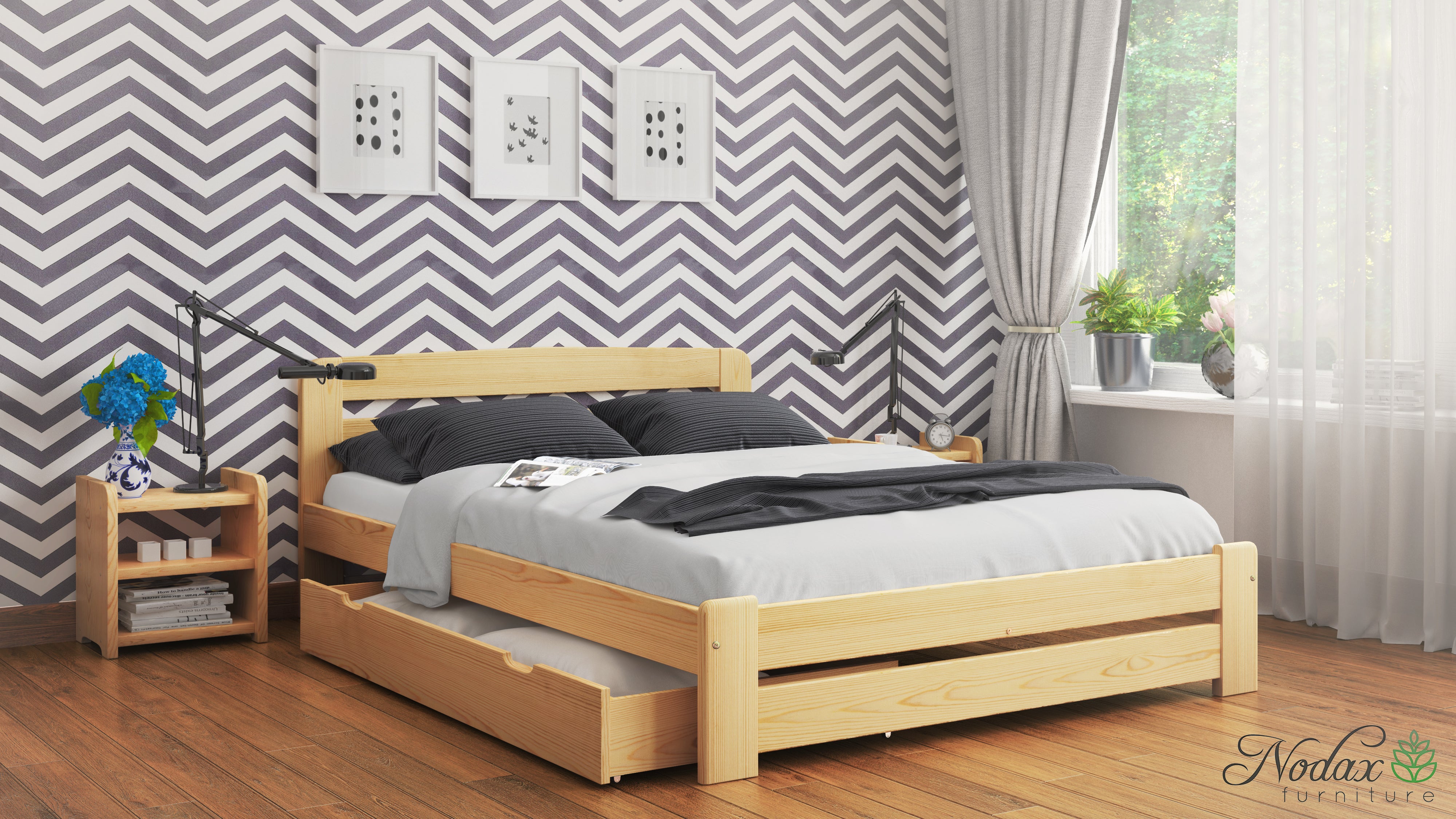Nodax F1 Aurora wooden bed frame, pine finish, with matching underbed drawer and bedside table