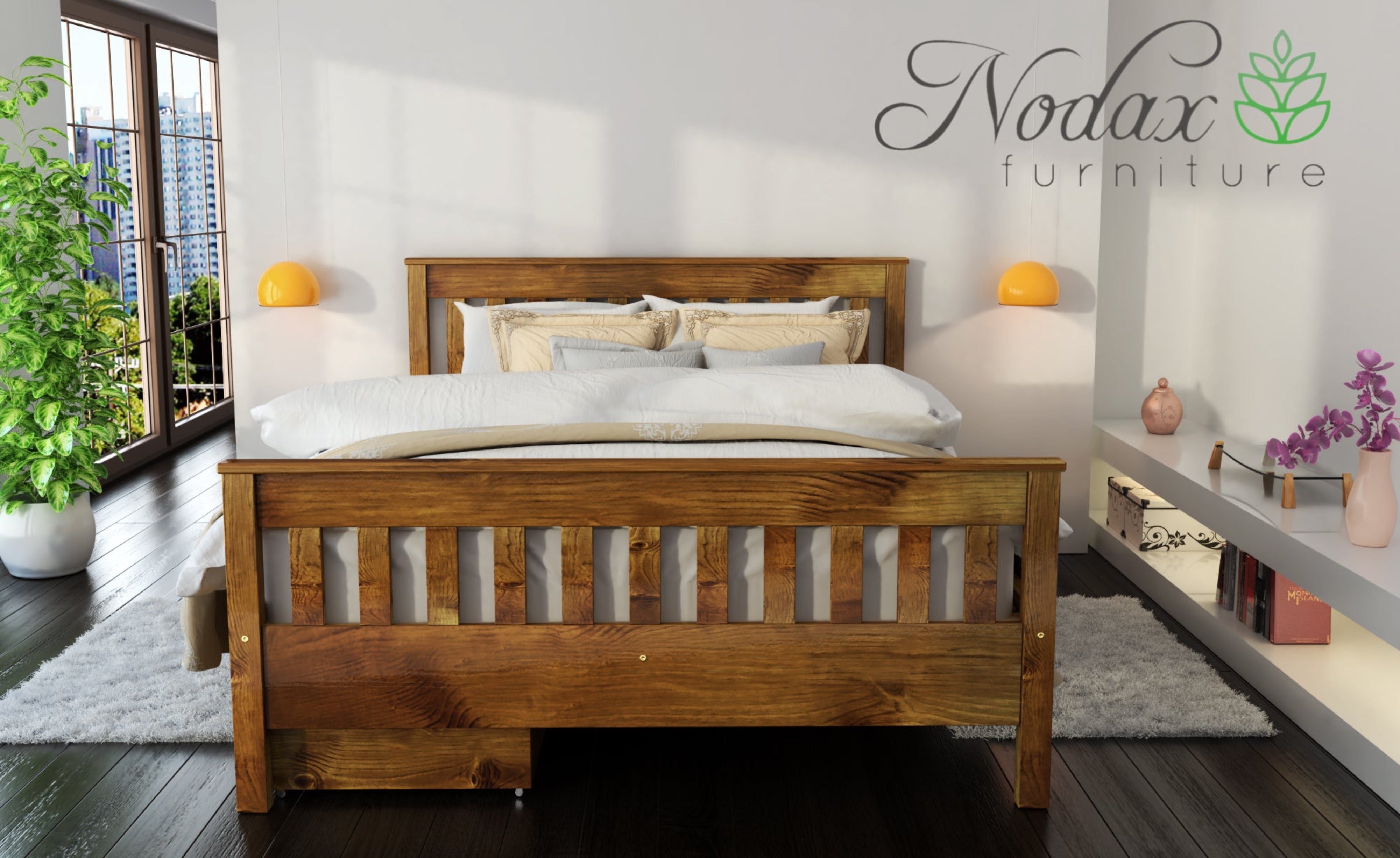 Nodax F16 Hercules wooden bed frame ,slatted headboard and footboard, study and durable bed, regal elegance design, oak finish