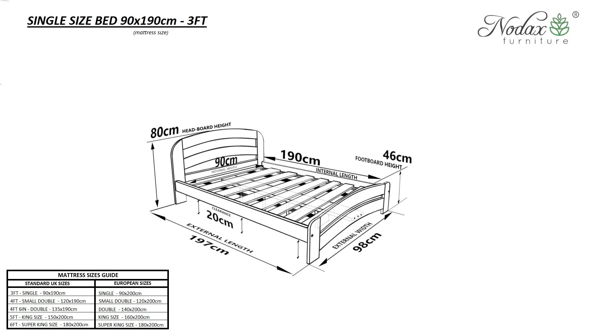 Nodax wooden bed frame, F10 Dala, dimensions for UK Single size