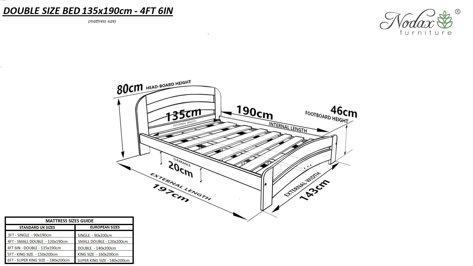 Nodax wooden bed frame, F10 Dala, dimensions for UK Double size