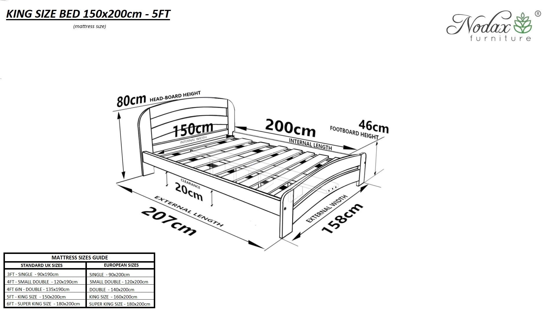 Nodax wooden bed frame, F10 Dala, dimensions for UK King size