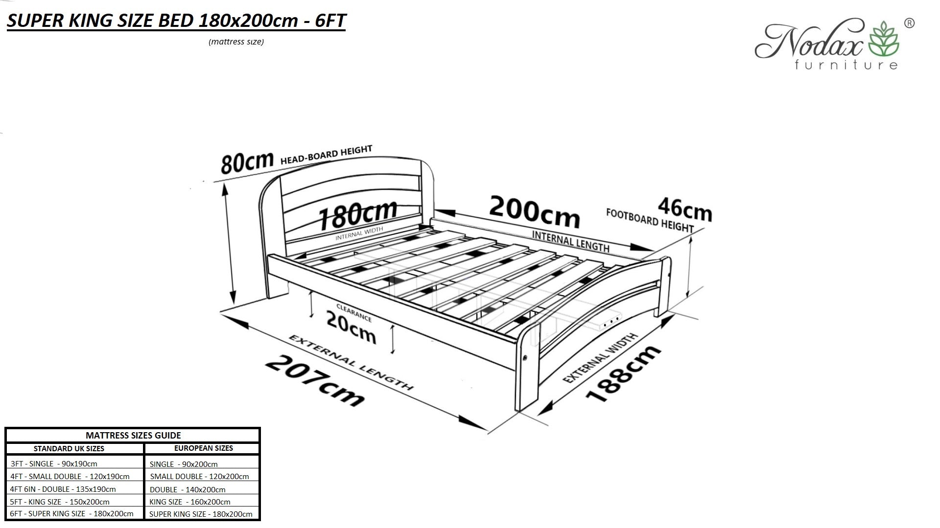 Nodax wooden bed frame, F10 Dala, dimensions for UK Super King size