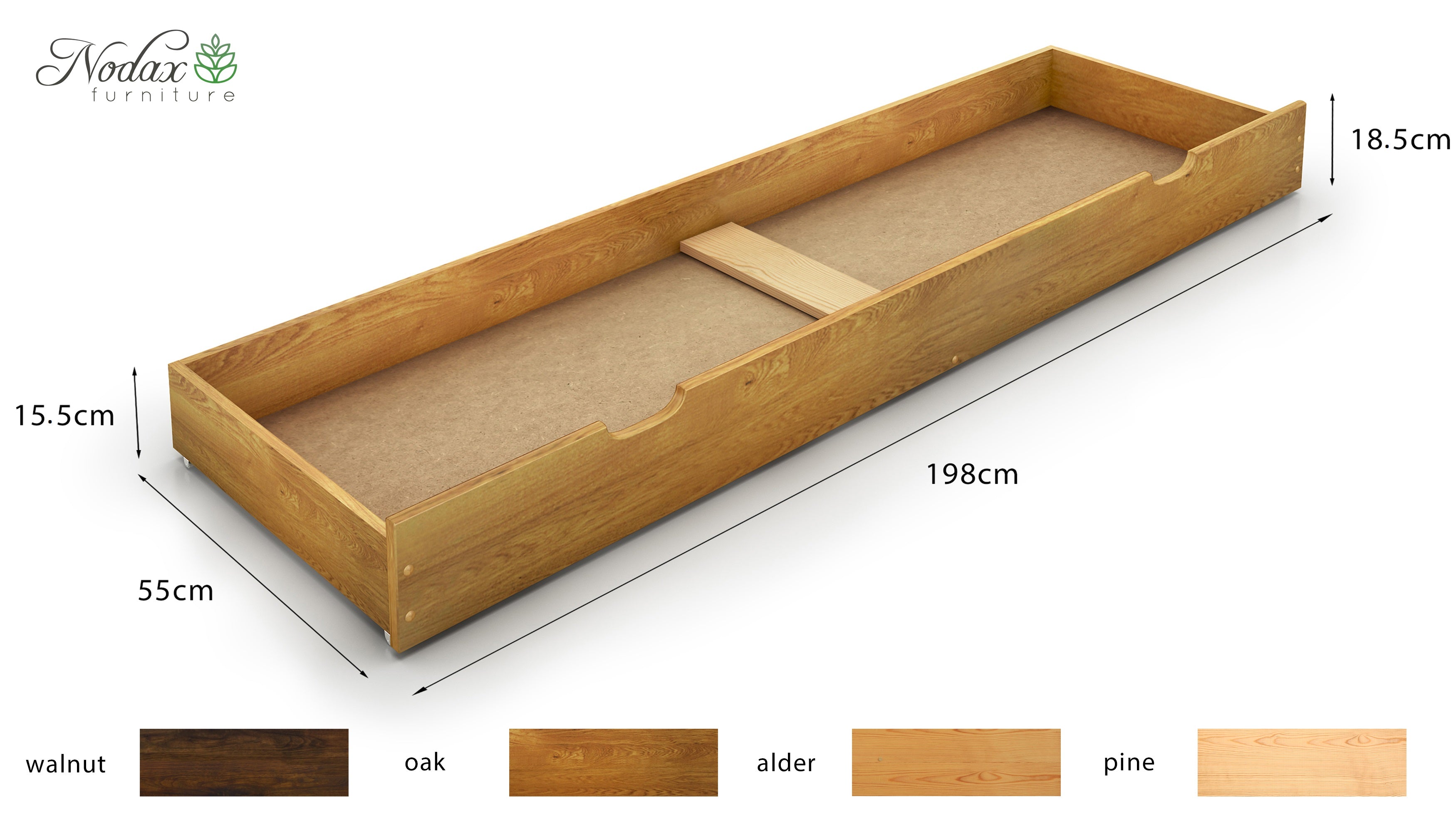 Nodax wooden underbed drawer, oak finish, 198cm long, full bed length