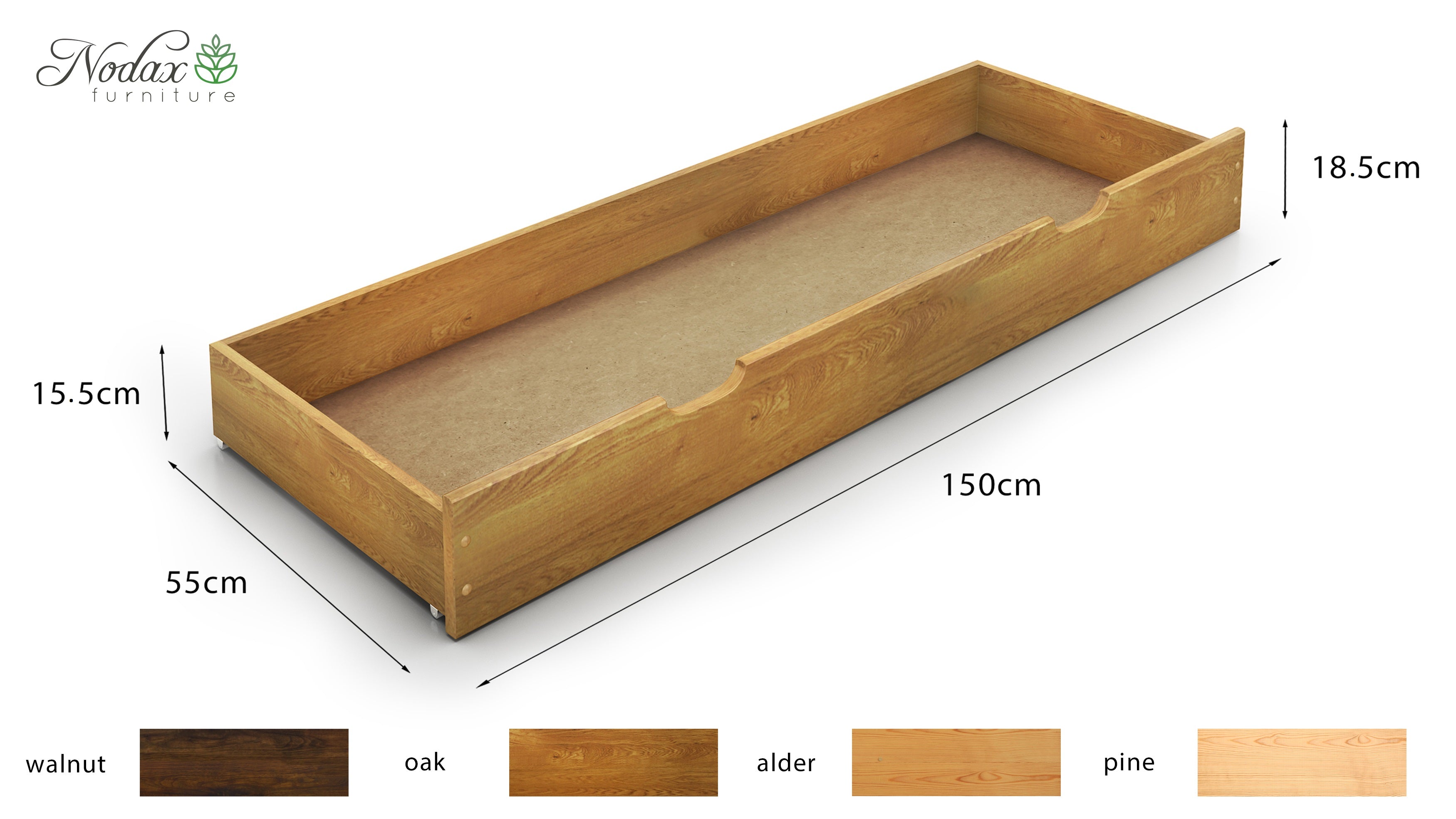 Nodax wooden underbed drawer, oak finish, 150cm long, 3/4 bed length
